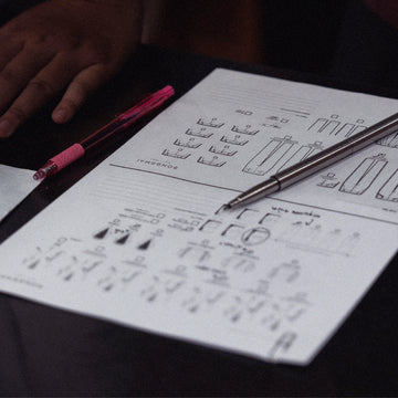 A close-up of bespoke suit sketches and measurement diagrams on paper, with a silver pen and a pink mechanical pencil resting on a dark tabletop.