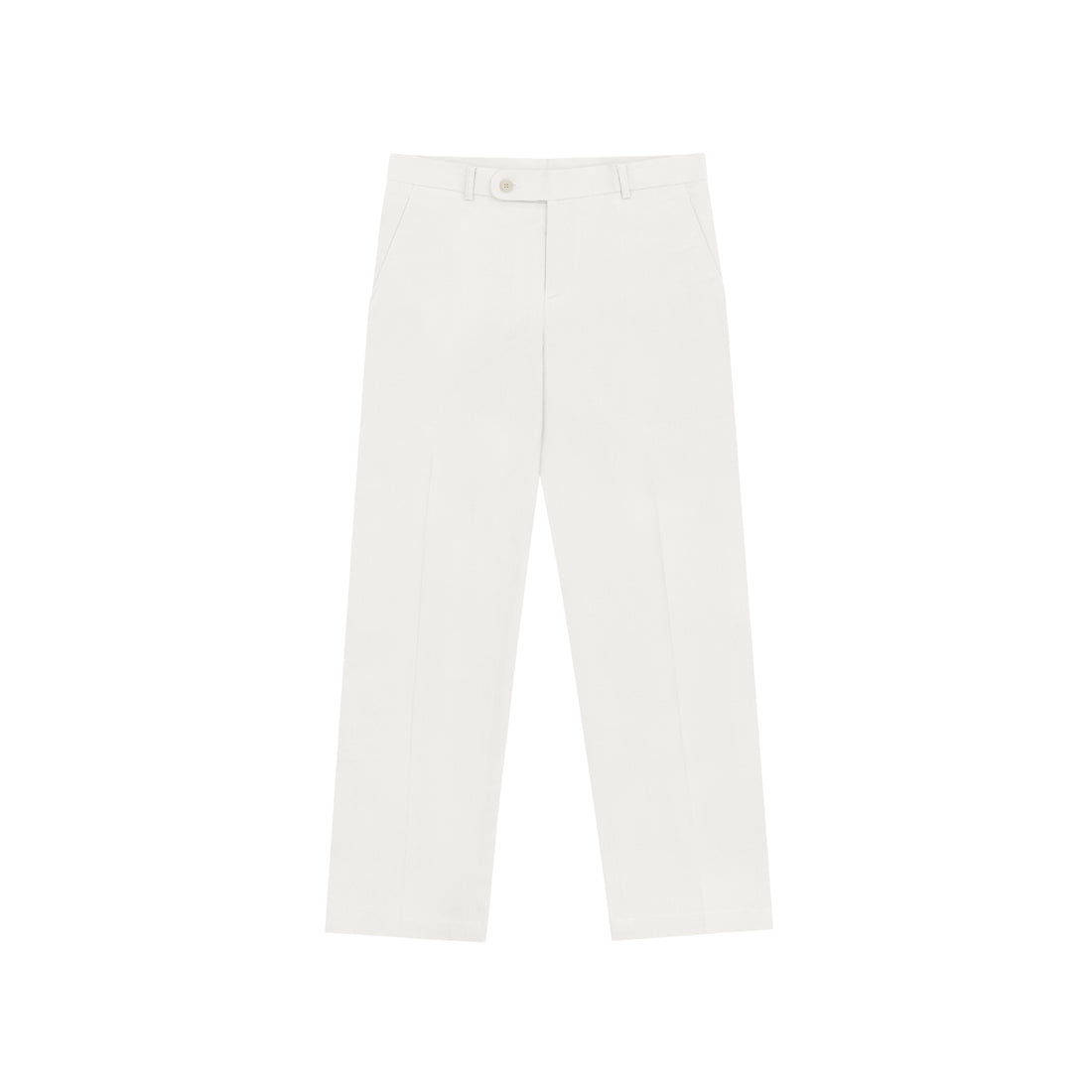 A pair of white chino pants on a plain background