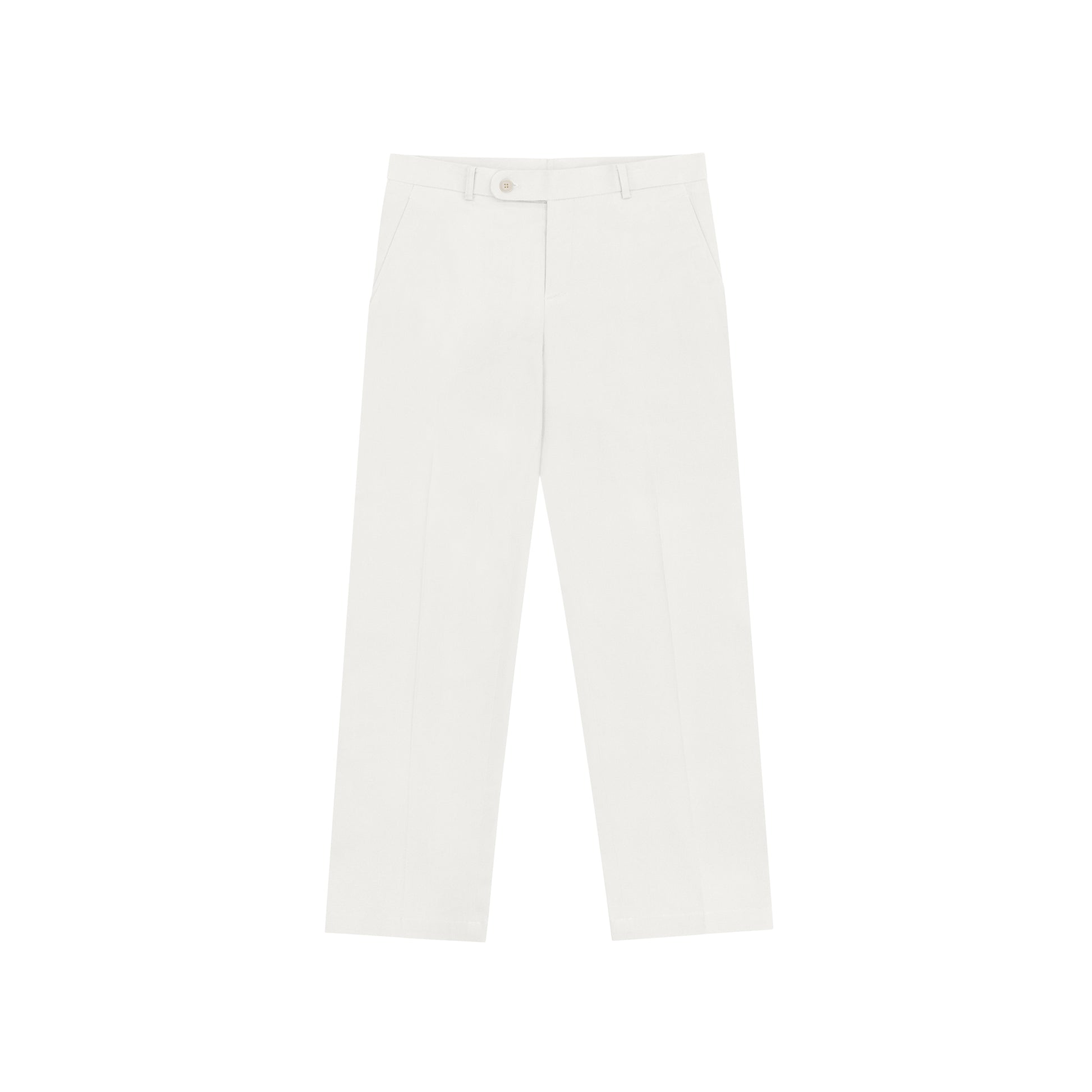 A pair of white chino pants on a plain background