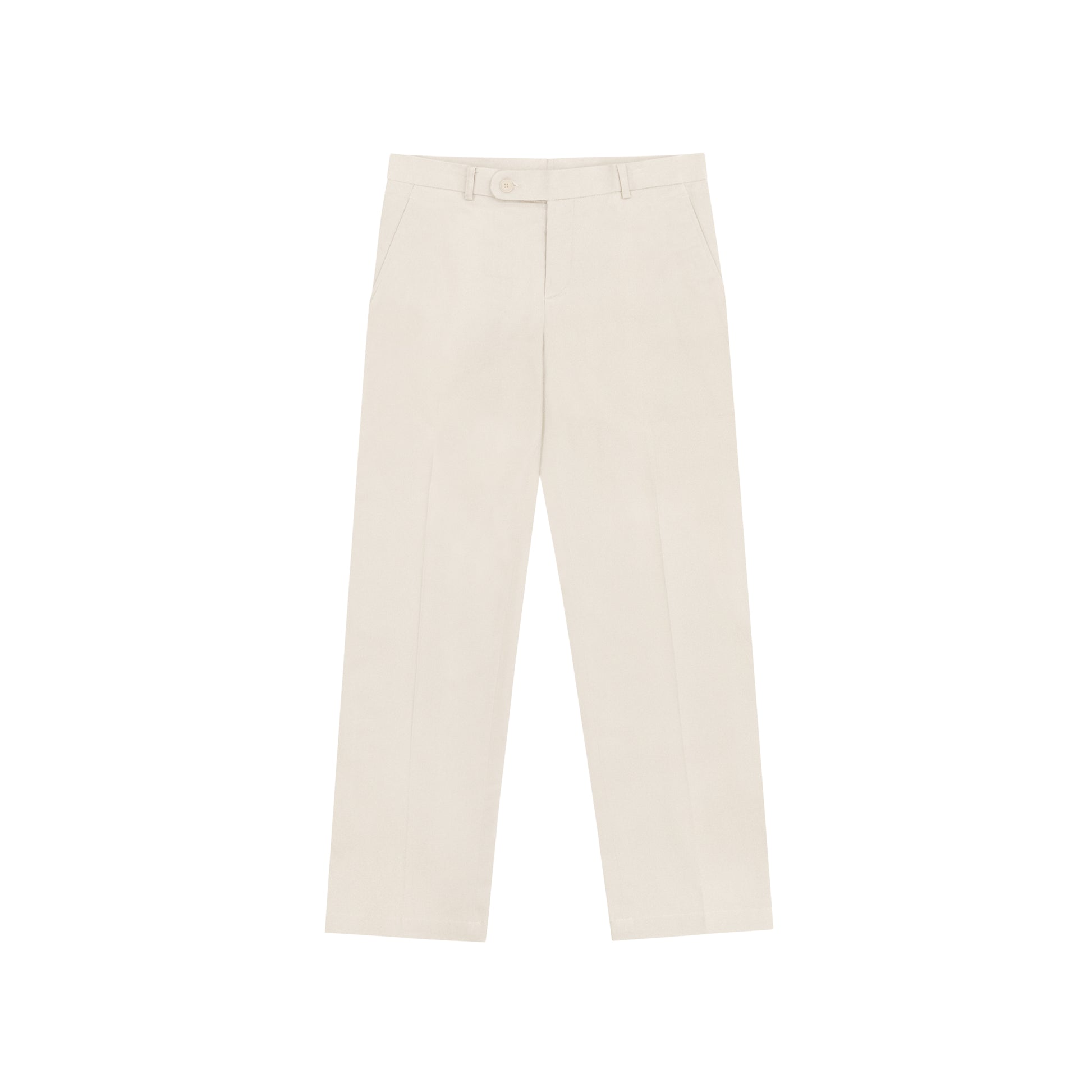 A pair of white chino pants on a plain background