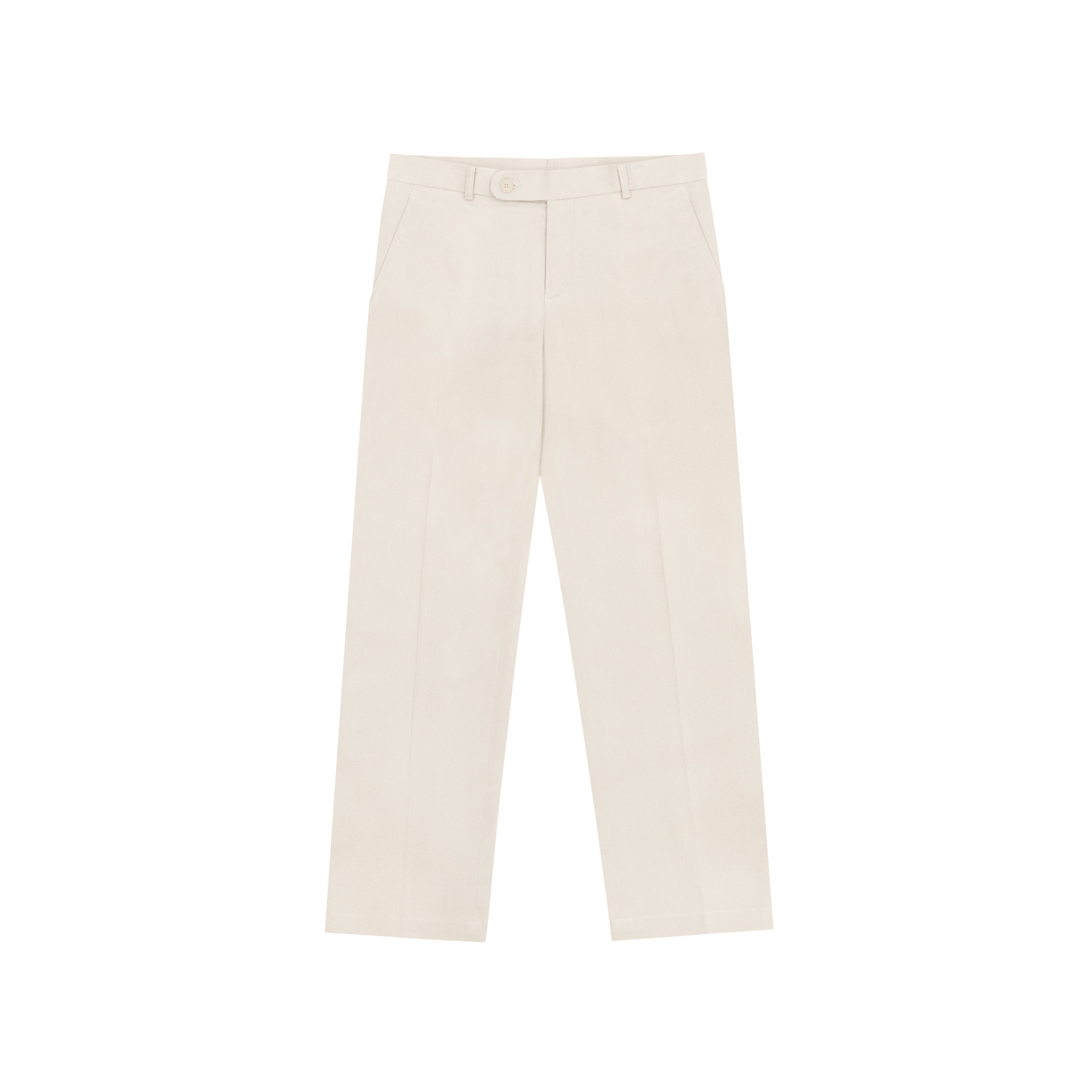 A pair of white chino pants on a plain background