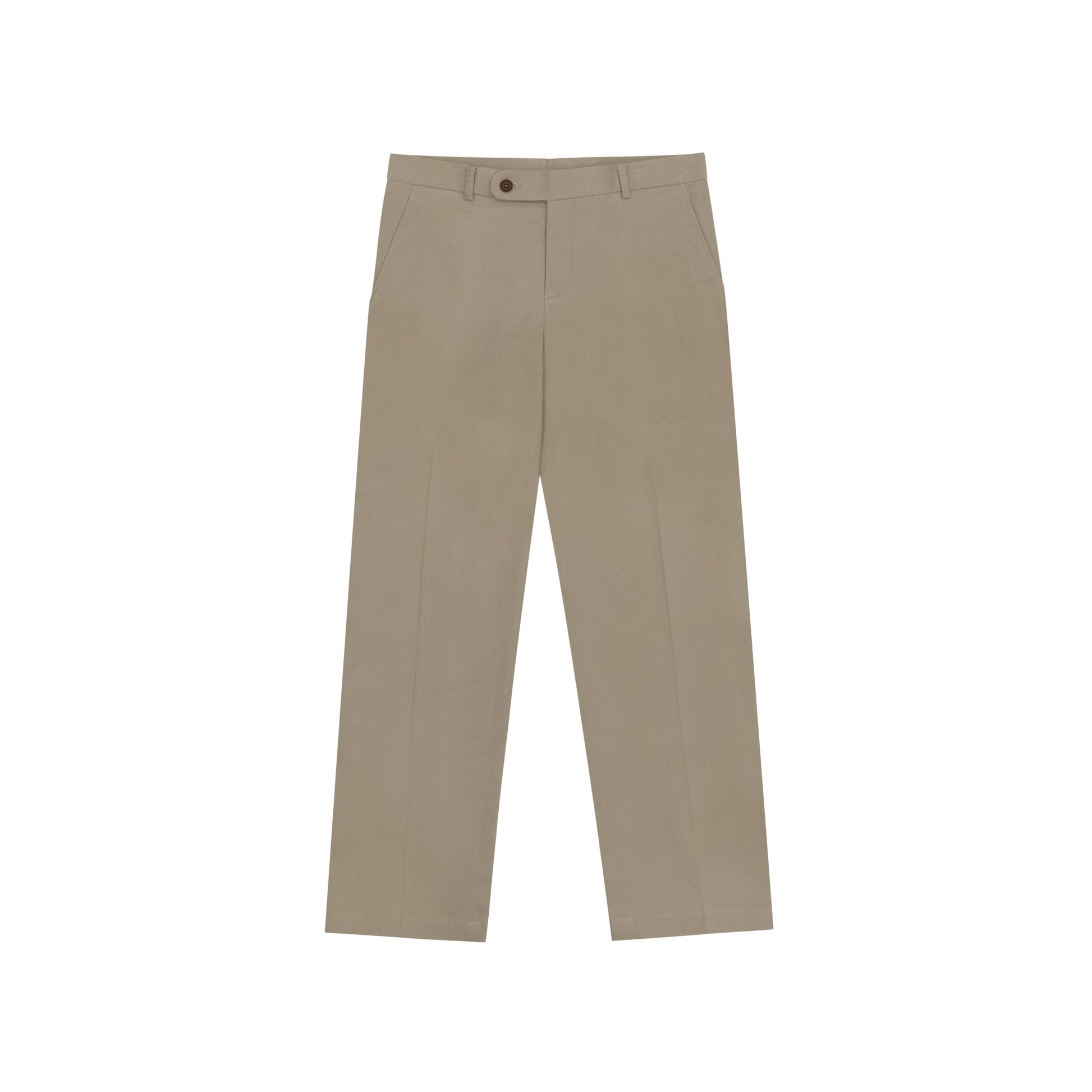 A pair of white chino pants on a plain background