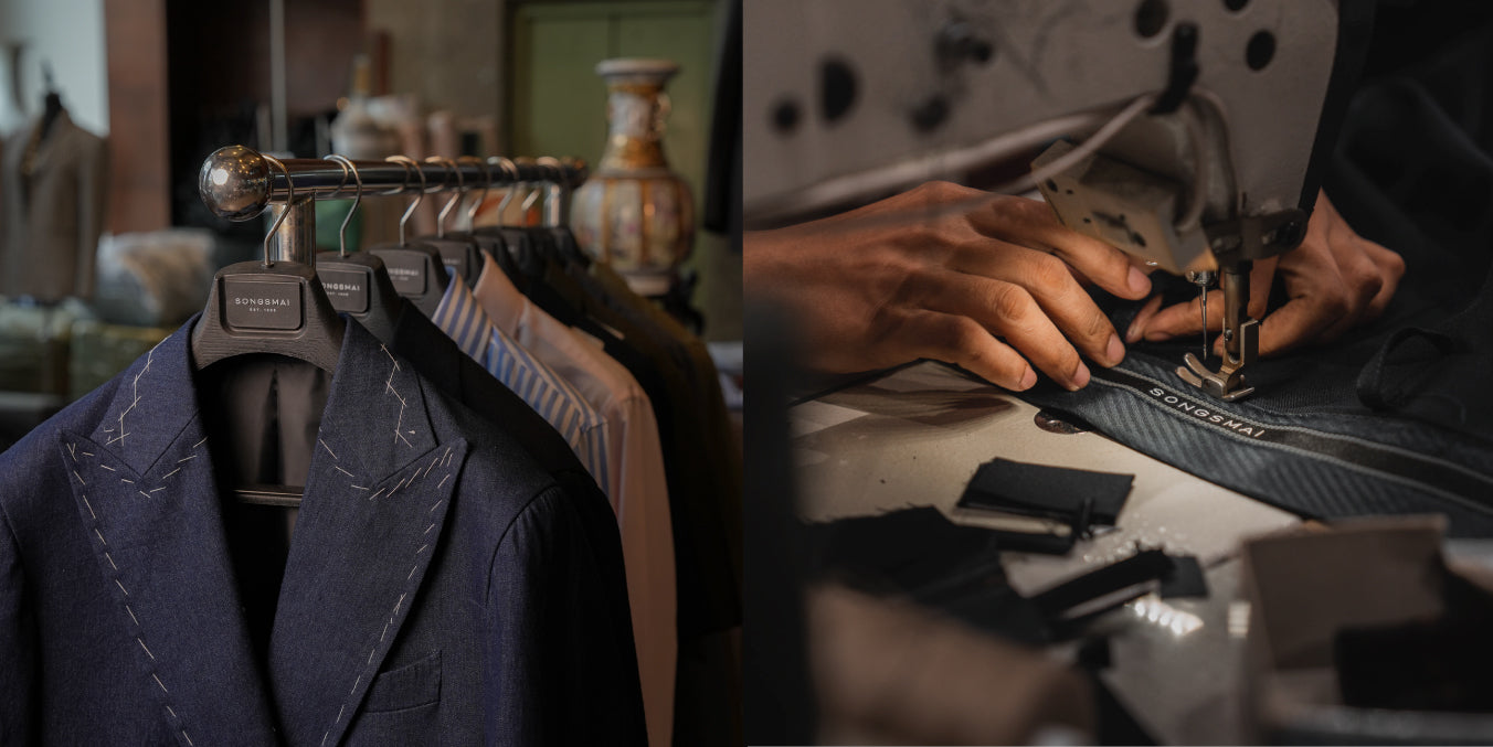 Collage of a suit jacket on a rack and a person working with leather.